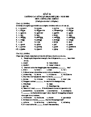 Đề thi tuyển sinh trường Cao đẳng Sư phạm Phú Thọ môn Tiếng Anh Khối D năm 2003 (Có đáp án)